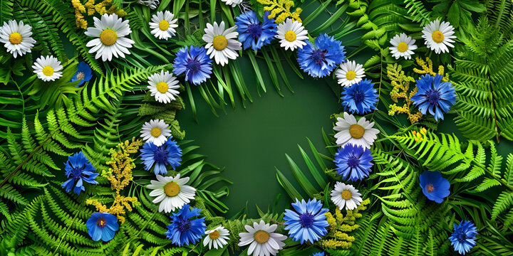 A wreath of meadow flowers, chamomile and cornflowers on a background of green herbs and ferns. Flower crown, symbol of Midsummer Day, the holiday of the summer solstice