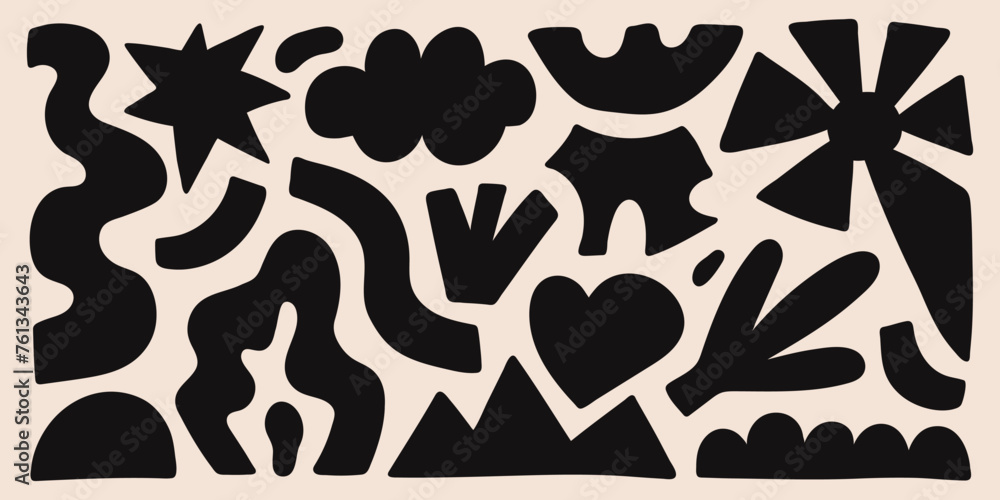 Poster abstract organic shapes with black geometric cutting doodles. trendy random figures isolated on a be