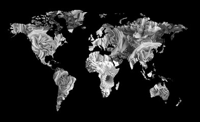 World map made of beautiful flowers on black background, black and white effect. Banner design