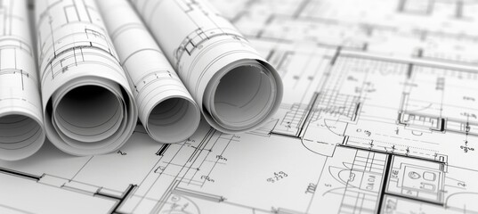 Architect s blueprint and technical project drawing on rolled paper for detailed construction plans