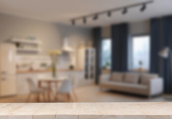 Empty wooden table in dining room. Space for design