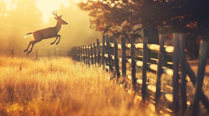Deer in Flight Over Weathered Fence in Golden Meadow AI Generated.