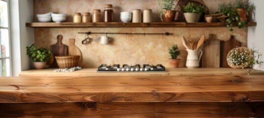 Empty wooden table against blurred kitchen bench background for interior design inspiration