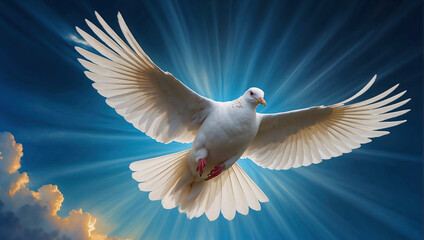 Heiliger Geist Symbol zu Pfingsten: Strahlende Taube im Himmelslicht - obrazy, fototapety, plakaty