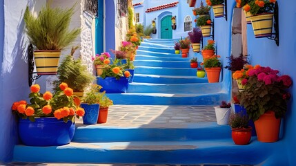 Escadaria azul e parede decorada com colorido
