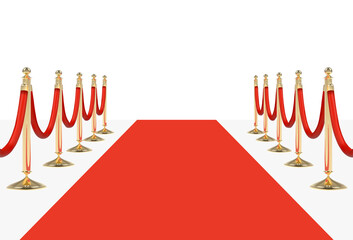 Red carpet on stairs with red ropes on golden stanchions. Png clipart isolated on transparent background - 761344451
