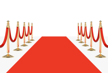 Red carpet on stairs with red ropes on golden stanchions. Png clipart isolated on transparent background
