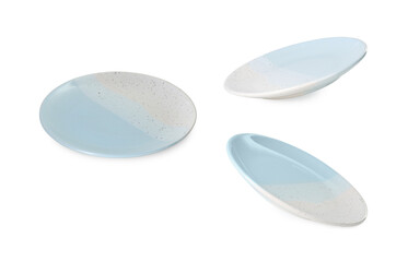 Empty ceramic plate isolated on white, set with different views