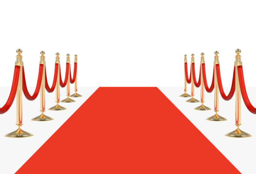 Red carpet on stairs with red ropes on golden stanchions. Png clipart isolated on transparent background