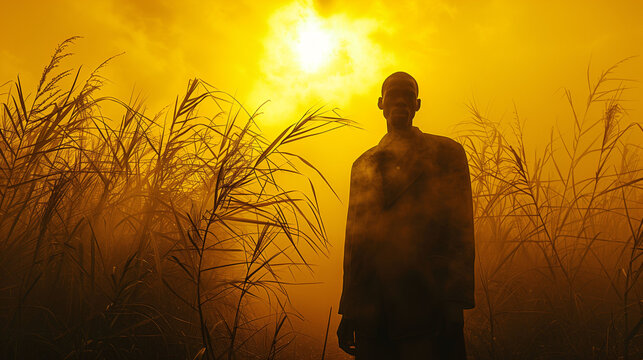 Silhouette of a person standing in a misty field with tall grass against a dramatic orange sky with the sun visible.