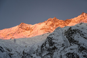 Fototapeta premium Täschhorn, Dom and Südlenz in the Mischabel Mountain Range in the Alps at Sunrise, Saas-Fee, Switzerland