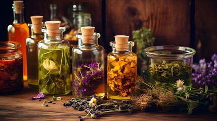 Aceites esenciales florales y herbales en botellas sobre fondo marrón
