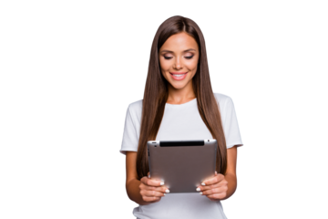 Portrait of pretty charming confident woman having tablet in hands isolated on grey background