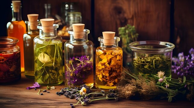 Aceites Esenciales Florales Y Herbales En Botellas Sobre Fondo Marrón
