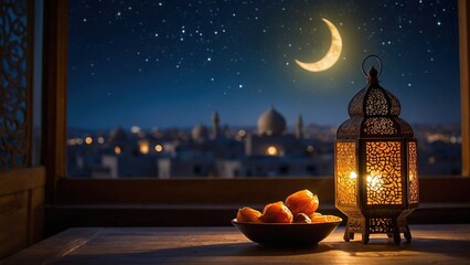 candles on the roof with lights and dates Eid or Ramadan concept  - obrazy, fototapety, plakaty