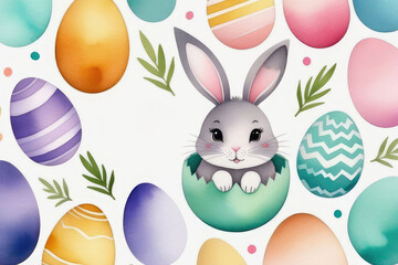 Watercolor hand drawn with sweet hand drawn bunnies, eggs and botanical elements seamless pattern.