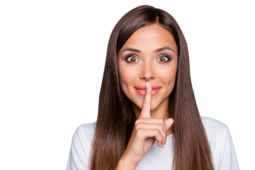 Portrait of brown-haired gorgeous attractive nice cute funny smililng young lady showing shhh taboo sign with finger to lips over grey background, isolated