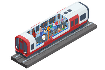 Isometric Subway underground train. People Passangers In Subway. Commuting passengers. - obrazy, fototapety, plakaty