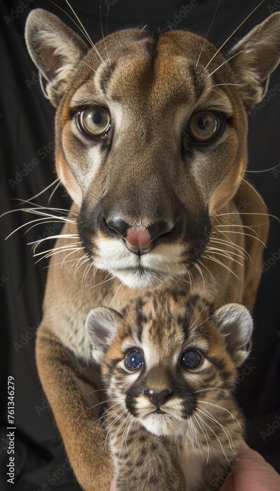 Poster male puma and cub portrait with object, allowing ample space on the left for adding text or captions