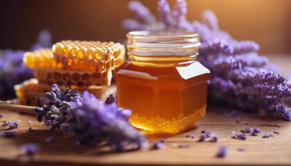 Eleganza Naturale- Miele in favo e lavanda su tavolo di legno, dettagli intricati e raffinati