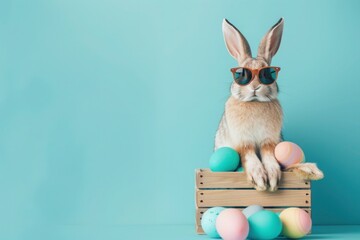 Modern and cool Easter Bunny with sunglasses sitting on a box with easter eggs. Funny Easter holiday and celebration concept.