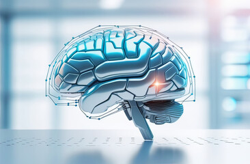 hi tech illustration of futuristic robotics brains shaped as human brains, sci fi or science blurred background