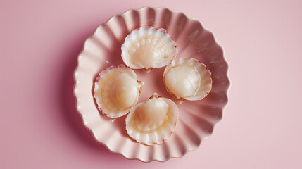 Sea delicacy. Fresh seafood. Scallop on a pink scallop shell plate on plain pink background. Top view food banner with copy space.