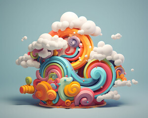 3d illustration of rainbow and cloud in pastel color clay image