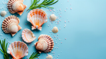 Opened scallop shell, salt and rosemary on pale blue background. Top view, copy space. Summer holiday foodie banner.