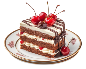 Slice of cake with cherries on a plate
