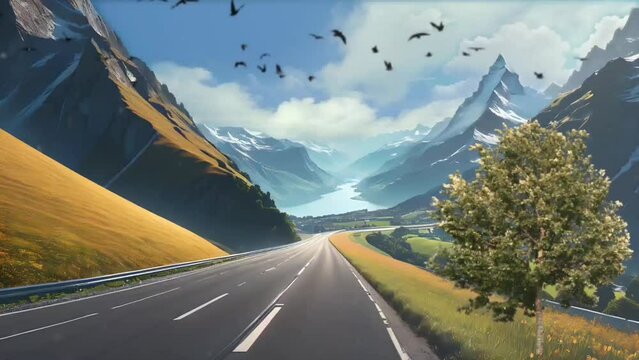 highway in the mountains with birds. Seamless looping time-lapse 4k video animation background