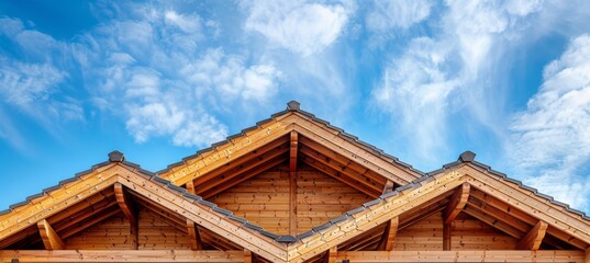 Fototapeta premium Residential wood frame construction home framing under blue sky with space for text