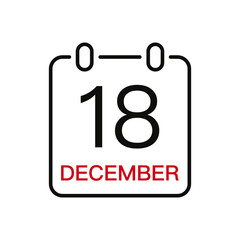 December 18 date on the calendar, vector line stroke icon for user interface. Calendar with date, vector illustration.