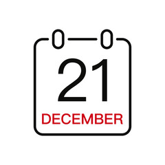 December 21 date on the calendar, vector line stroke icon for user interface. Calendar with date, vector illustration.