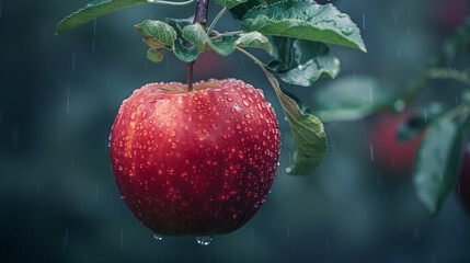 Autumn day. Close up on ripe red apple with water drops. Rural garden. Fresh red apple on a tree branch with rain drops and lots of copy space.