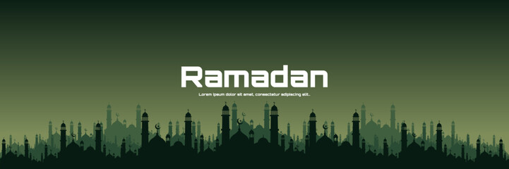 Ramadan night sky vector illustration with mosque silhouette ramadan good for web banner, ads banner, booklet, wallpaper, background template, and advertising