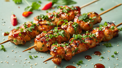 Chicken fillet yakitori on a teal green table background. Appetising shish kebab of fried chicken...