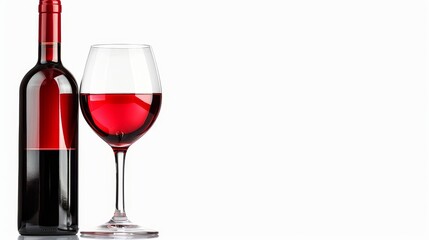 Red wine bottle and glass isolated on pure white background for a clean and elegant presentation