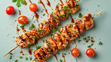  Chicken fillet yakitori on a teal green table background. Appetising shish kebab of fried chicken...