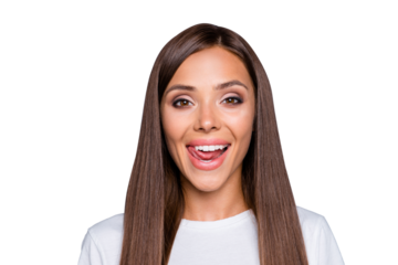 Close up portrait of young attractive woman with long brunette hair seductively licking her lips and look at the camera isolated on gray background