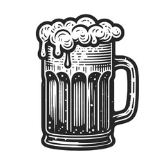 Frothy beer glass mug with bubbles, radiating joy and celebration in classic black and white theme. Sketch engraving generative ai raster illustration. Scratch board imitation. Black and white image. - obrazy, fototapety, plakaty