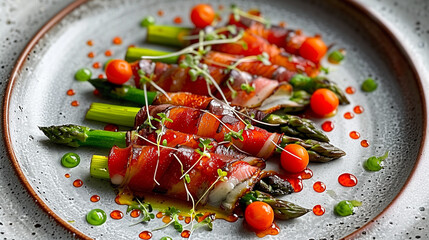 Bacon wrapped in asparagus and cherry tomatoes on white grey plate over light stone background with free text space. Top view, flat lay with copy space.