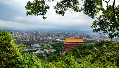 Overlook Taipei city from mountain trail, cloudy day, in Taipei, Taiwan.