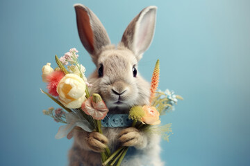 A curious bunny peeks out, clutching a colorful spring bouquet, against a soothing blue backdrop.