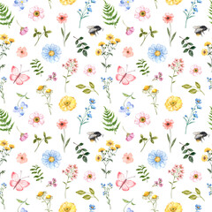 Watercolor floral seamless pattern. Cute spring flowers, green foliage, and butterflies on a white background. Botanical wallpaper.