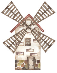 Watercolor Windmill illustration, graphic windmill clipart © MayaNavits