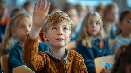 Boy Kid raising this hand to answer in the teacher's classroom, Generative AI