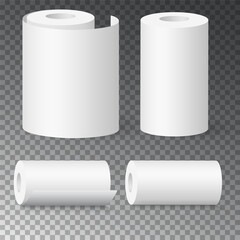 Realistic set of toilet paper mockups isolated on transparent background. 3D vector illustration of soft white hygiene tissue rolls for bathroom or lavatory, various view. Eps10 vector illustration.