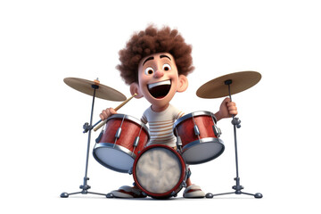 Animated curly-haired boy in striped shirt joyfully playing a set of red drums, capturing the essence of youthful musical passion and enthusiasm.