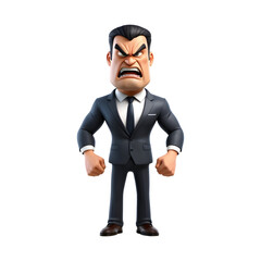 3D angry businessman cartoon on transparent background